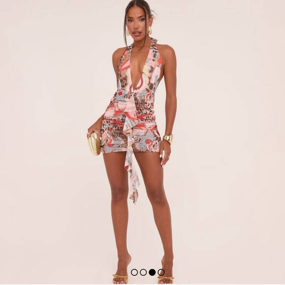 Halter neck ruched frill front mini body on dress in multi scarf print mesh - Picture 3 of 4